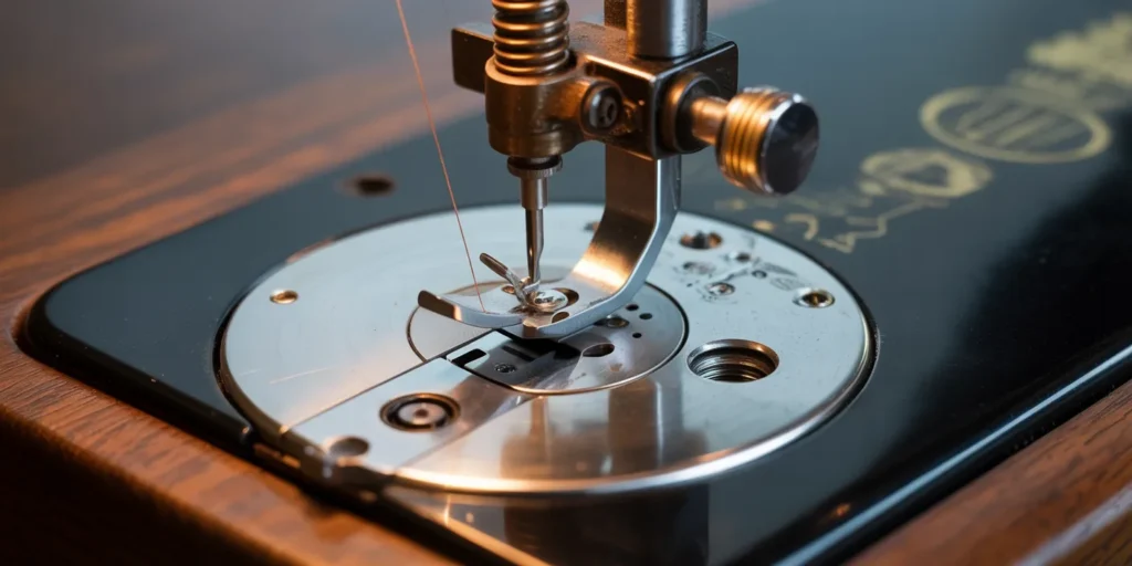 Close-up photo of a sewing machine's inner head before disassembly. A smartphone is taking a reference photo of the existing thread tension assembly, spring, and mounting points to ensure perfect new part alignment.