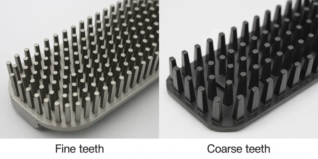 Side-by-side comparison of two feed dog plates: one with fine, numerous teeth for delicate fabrics and one with coarse, widely spaced teeth for heavy-duty materials like denim.