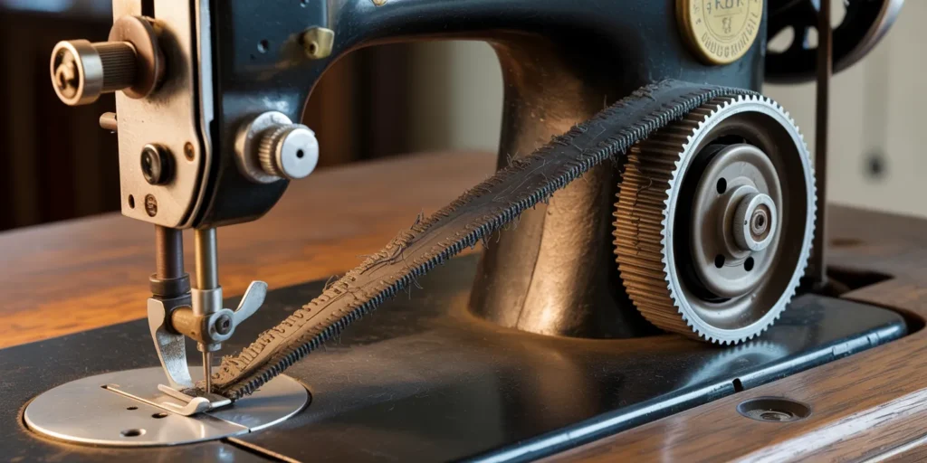 Close-up view of the underside of a mechanical sewing machine, clearly showing the drive belt connecting the motor to the handwheel. The belt appears slack or cracked, indicating a loss of power transmission and slow speed.