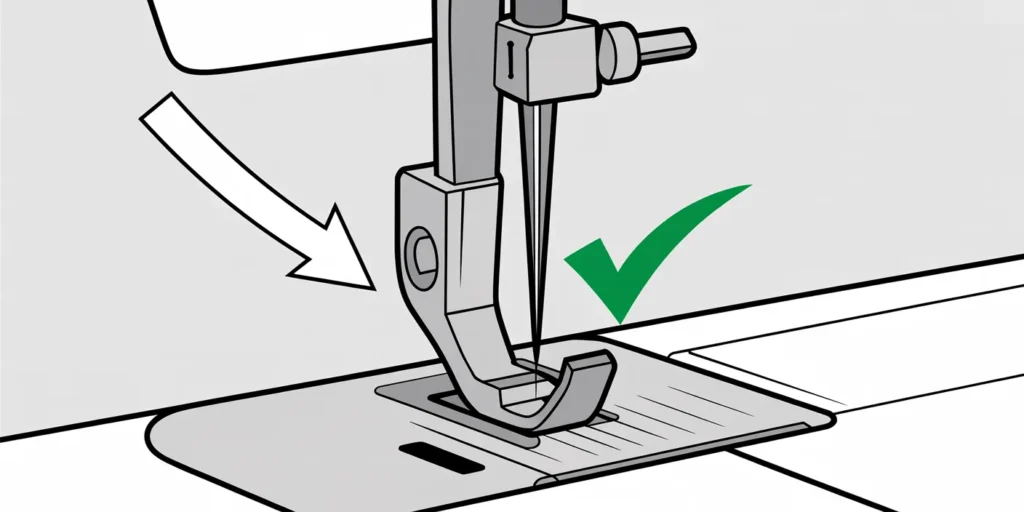 Close-up diagram of a sewing machine needle clamp. Show the needle inserted fully with the flat shank facing the back of the machine, confirming correct orientation to prevent skipped stitches.
