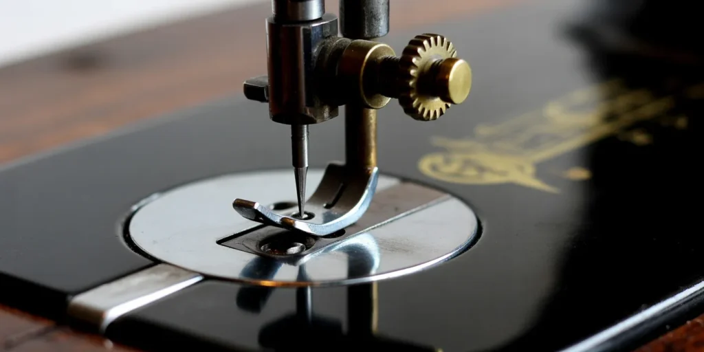 Close-up on the small screw located on top of the sewing machine head used to manually adjust presser foot pressure. This adjustment is essential for sewing thick denim or very sheer silk on Singer models.