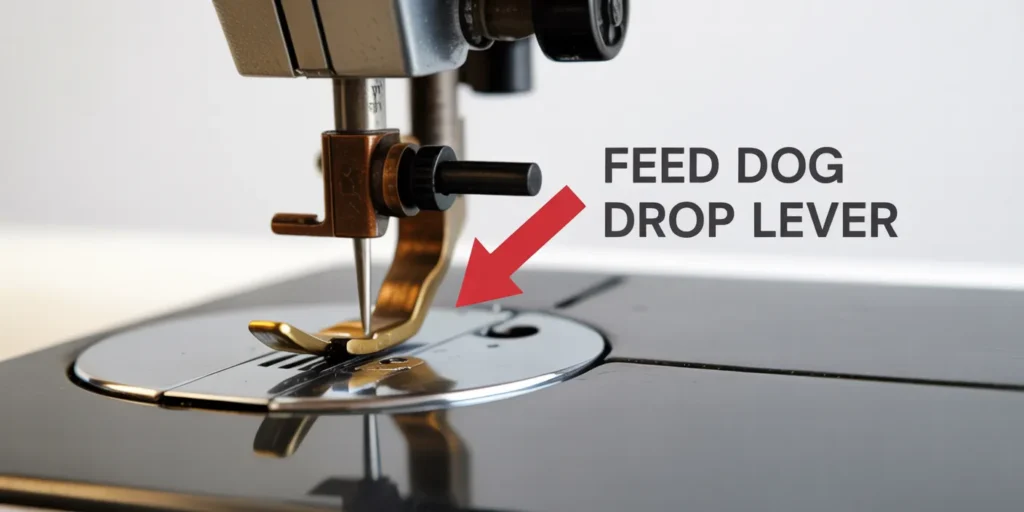 Photo showing the underside of the free arm area on a Singer machine, highlighting the lever used to drop the feed dogs for darning and free motion quilting. Ensure the lever is clearly marked.