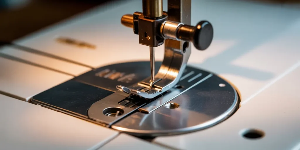 Extreme close-up view inside the bobbin race and hook area of a sewing machine, showing it completely clean, free of lint, and lightly coated with oil for maintenance.