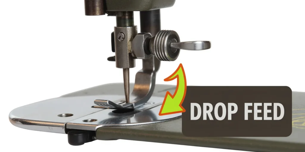 Photo highlighting the physical location of the Drop Feed Lever on the sewing machine base, which must be engaged to lower the feed dogs for darning or free motion quilting.