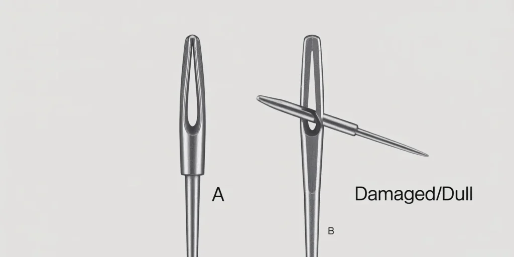 Close-up photo of a sewing machine needle. One needle is perfectly straight, and the other is slightly bent at the tip, demonstrating how a damaged needle causes friction and slow sewing speed.