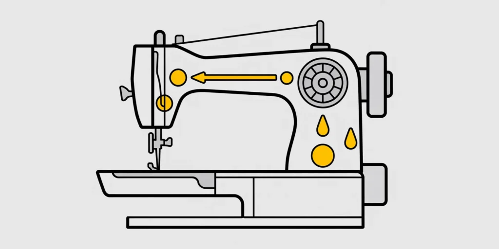 Technical diagram of a sewing machine's inner components (needle bar, handwheel shaft, take-up lever) with small yellow drops indicating the precise friction points that require sewing machine oil to restore speed.