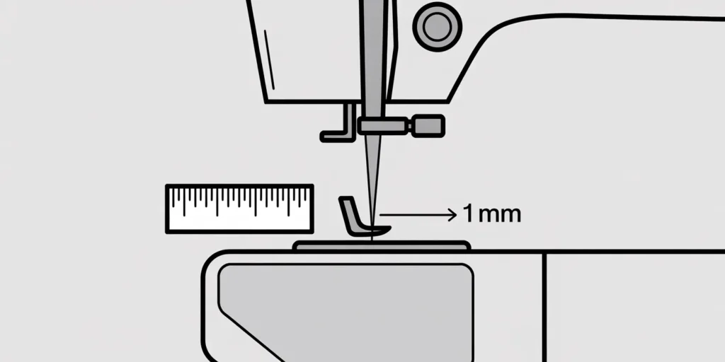 Technical diagram showing a cross-section view of a feed dog at its highest point. The teeth extend exactly 1mm above the needle plate, illustrating the optimal setting for even fabric feeding.