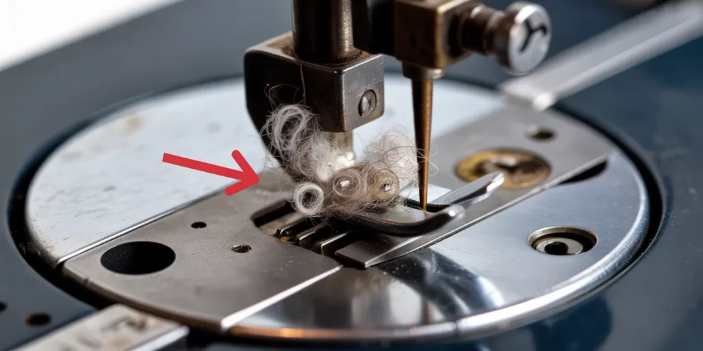Extreme close-up view of the bobbin race area of a Singer machine, showing heavy accumulation of lint and loose threads around the metal shuttle hook, illustrating the primary cause of birdnesting and jams.