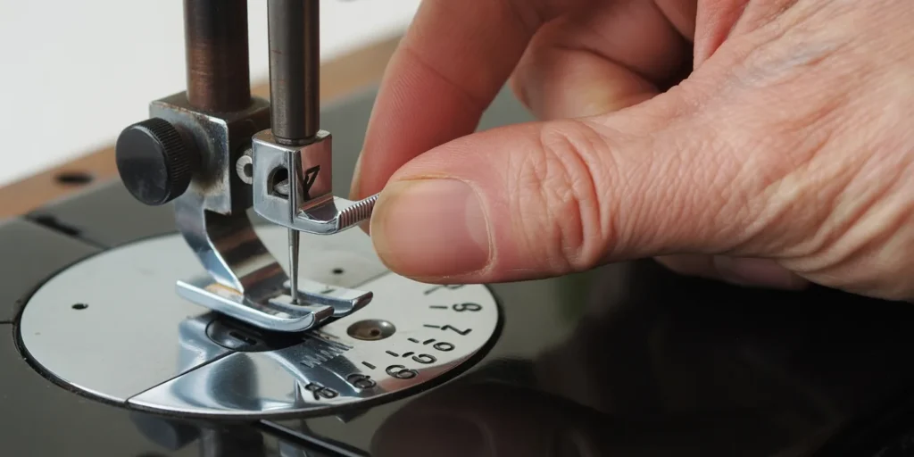 Close-up view of the mechanical top thread tension dial set to the standard '4' setting, with a small arrow indicating a gentle turn to '5' to fix a loose stitch problem.