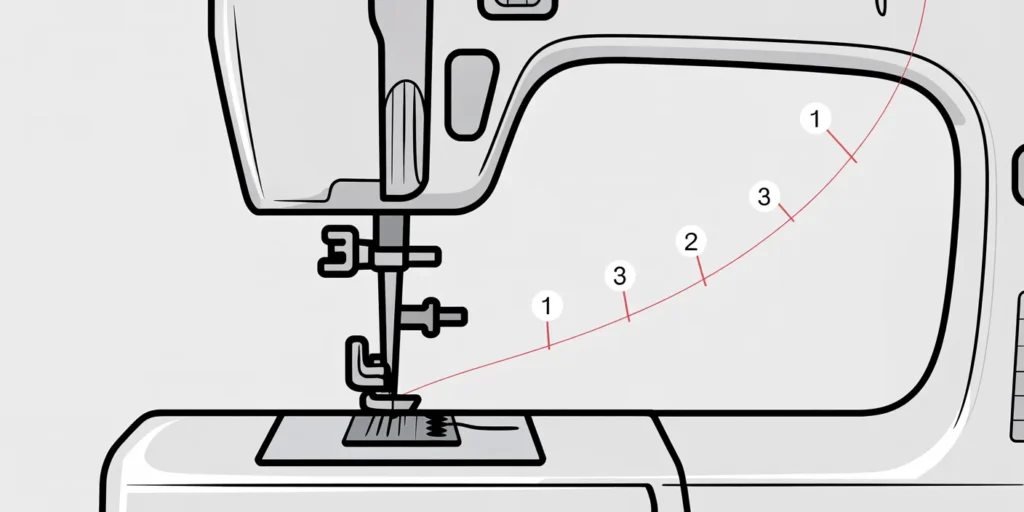 Technical diagram highlighting the correct upper threading path of a sewing machine, specifically showing the thread seated properly within the tension discs and hooked securely into the take-up lever.