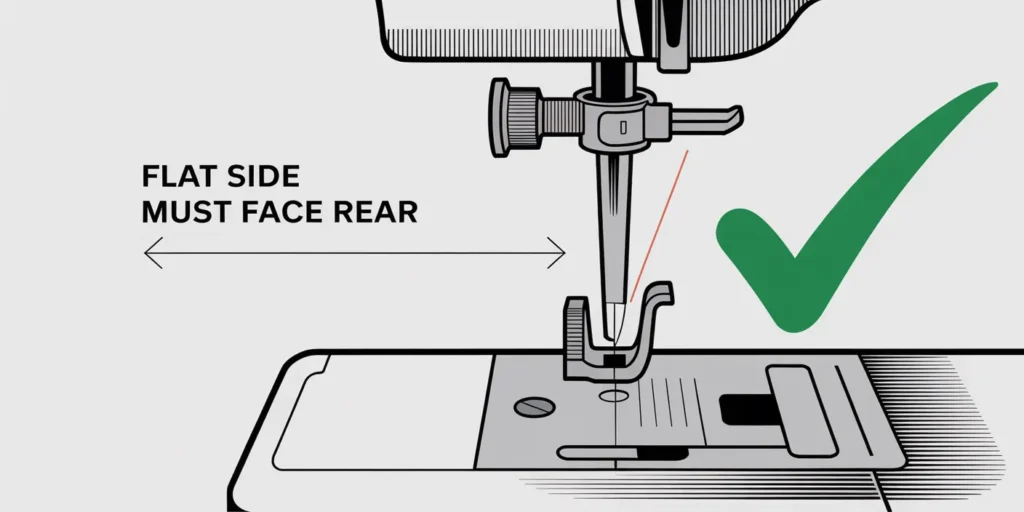 Close-up instructional diagram showing the flat side of the Singer sewing machine needle shank facing directly toward the rear of the machine, fully inserted to prevent skipped stitches.