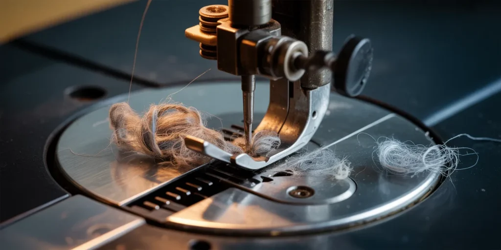Extreme close-up view of the bobbin race/shuttle hook area showing severe lint and thread fuzz buildup, illustrating the primary cause of friction that slows a sewing machine.