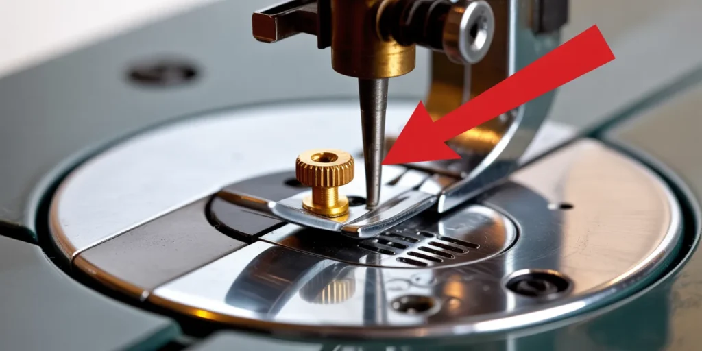 Close-up photo of the underside of a sewing machine, showing the needle plate removed and highlighting the small adjustment screw used to control the vertical height of the feed dogs.