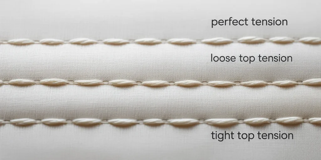 Stitching comparison showing unbalanced thread tension on Singer machines: one perfectly locked stitch, one with thread loops on the bottom (too loose), and one with thread loops on top (too tight).