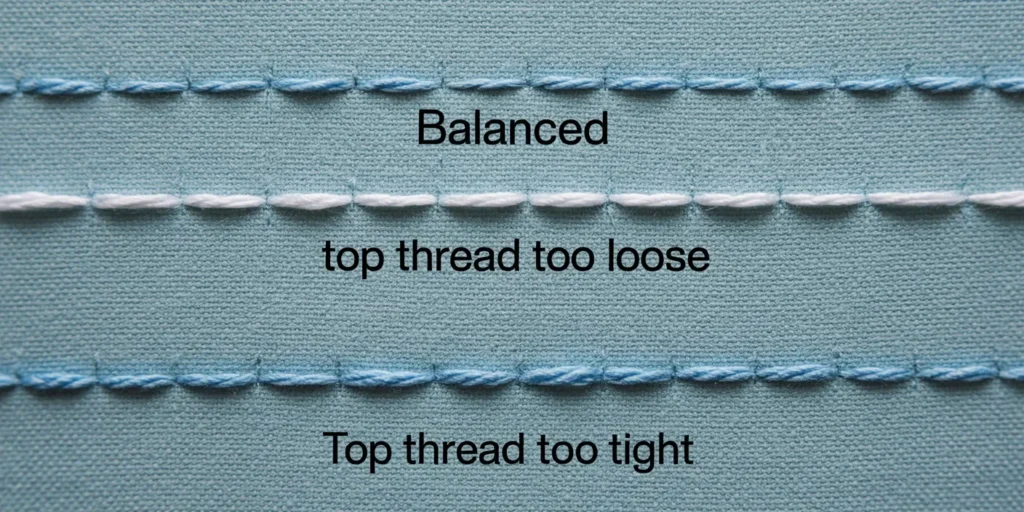 Comparison chart of sewing machine stitches, showing a perfectly balanced stitch, a stitch too loose on top, and a stitch too tight on top for troubleshooting
