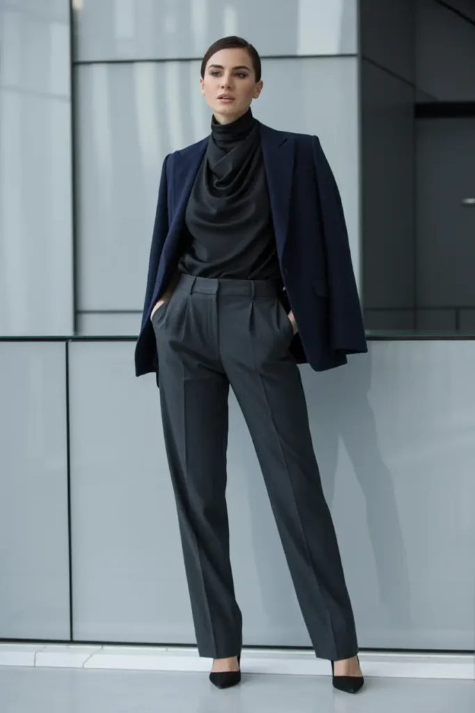 Full-length portrait of a woman modeling high-fashion corporate attire, featuring a navy blazer draped over the shoulders, a black silk cowl-neck top, and tailored charcoal grey trousers, standing confidently in a modern office setting with glass walls.