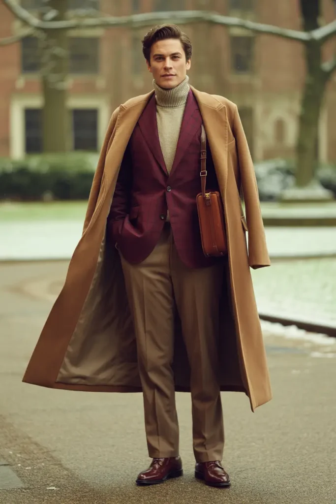 Man wearing a tailored dark academia winter outfit with a long camel overcoat, maroon blazer, beige turtleneck sweater, khaki trousers, polished brown shoes, and a leather sling bag against a snowy urban backdrop