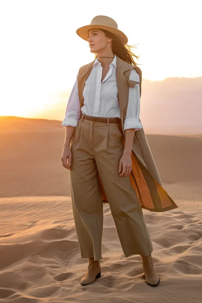 Elegant Dubai winter outfit ideas featuring a woman in a beige trench vest, white shirt, wide-leg trousers and straw hat standing on golden desert dunes during sunset