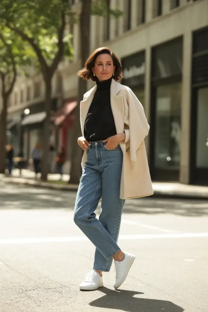 Full-length street style portrait of a woman wearing a casual chic outfit featuring a cream wool coat draped over a black turtleneck, straight-leg blue jeans, and white sneakers, standing on a sunny city street lined with trees and storefronts.