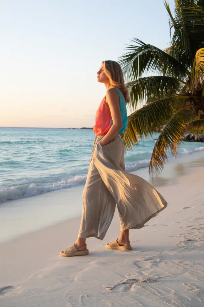 Full-length fashion portrait of a woman walking on a white sandy beach at sunset, wearing a sleeveless coral and blue color-block top tucked into wide-leg beige linen trousers, paired with woven espadrille sandals