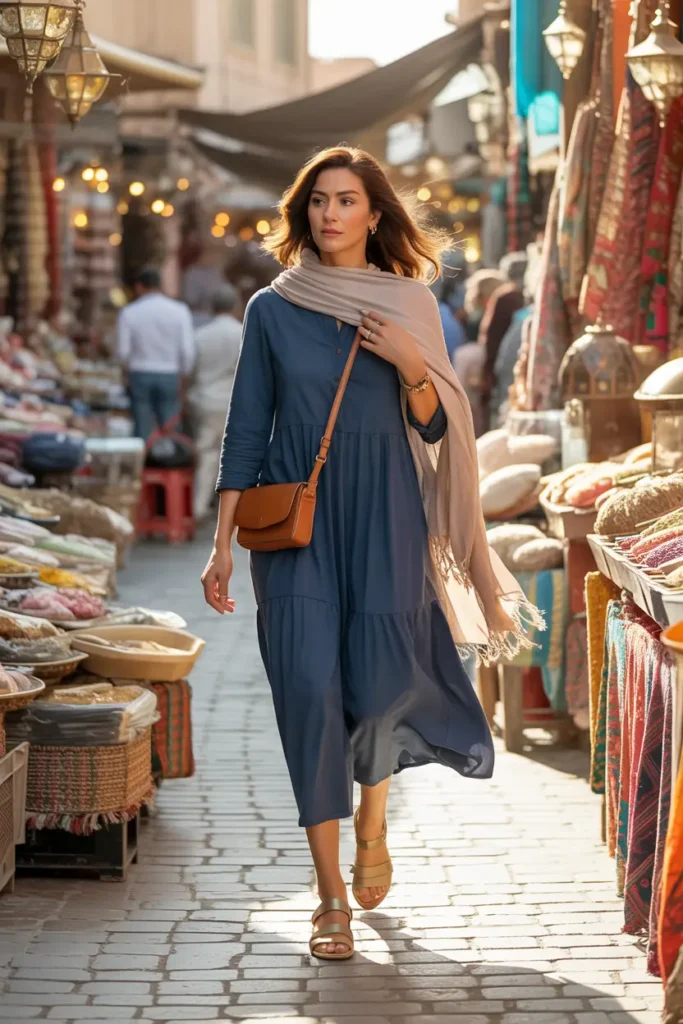 Sophisticated Dubai winter outfit ideas: woman wearing a navy tailored blazer and wide-leg pants with silk satin blouse in a luxurious modern restaurant setting