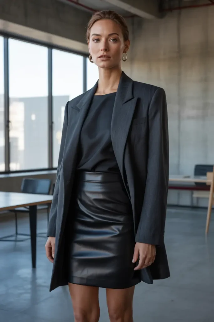 Professional woman in an oversized dark blazer and shiny black leather mini skirt combination, paired with black top and gold hoop earrings in a contemporary office – stylish blazer and skirt combinations for workwear inspiration