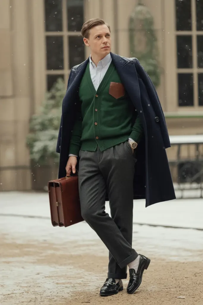 Man in a scholarly dark academia winter outfit layered with a navy wool overcoat, forest green cardigan with leather elbow patch over a white button-up shirt, gray trousers, black loafers, and carrying a brown leather briefcase in falling snow