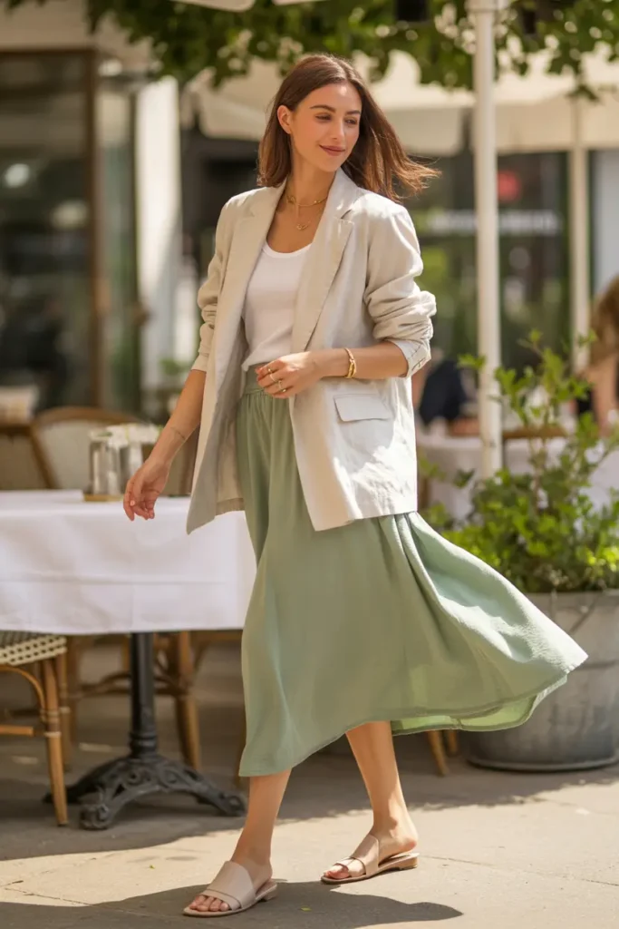 Woman in a relaxed beige oversized blazer and flowing mint green midi skirt combination, layered over a white tank top with flat sandals in an outdoor café setting – versatile blazer and skirt combinations for chic everyday styling