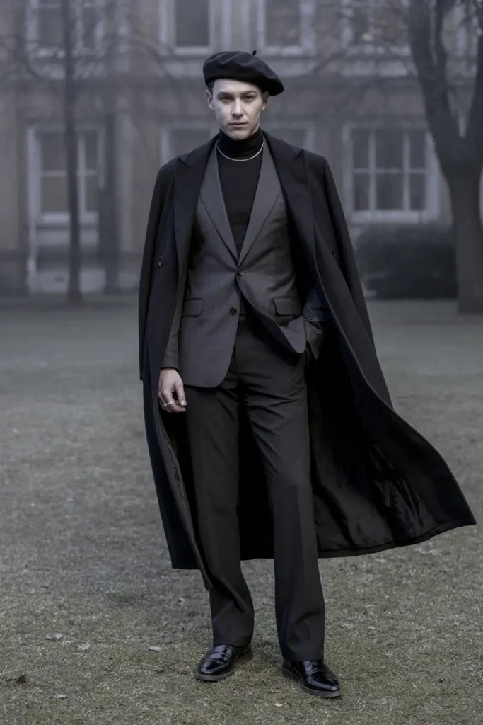 Man embodying moody dark academia winter fashion with a black wool beret, black turtleneck sweater, tailored charcoal gray suit, long black overcoat dramatically draped, black trousers, polished black dress shoes, and silver accessories in a foggy outdoor setting