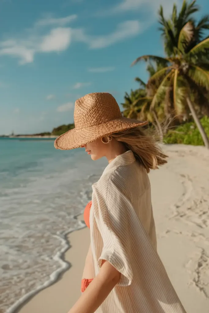 Side profile of a woman walking on a white sand beach wearing a wide-brimmed woven straw hat, gold hoop earrings, and an open beige striped shirt revealing a coral-orange bikini, with palm trees and turquoise water in the background.