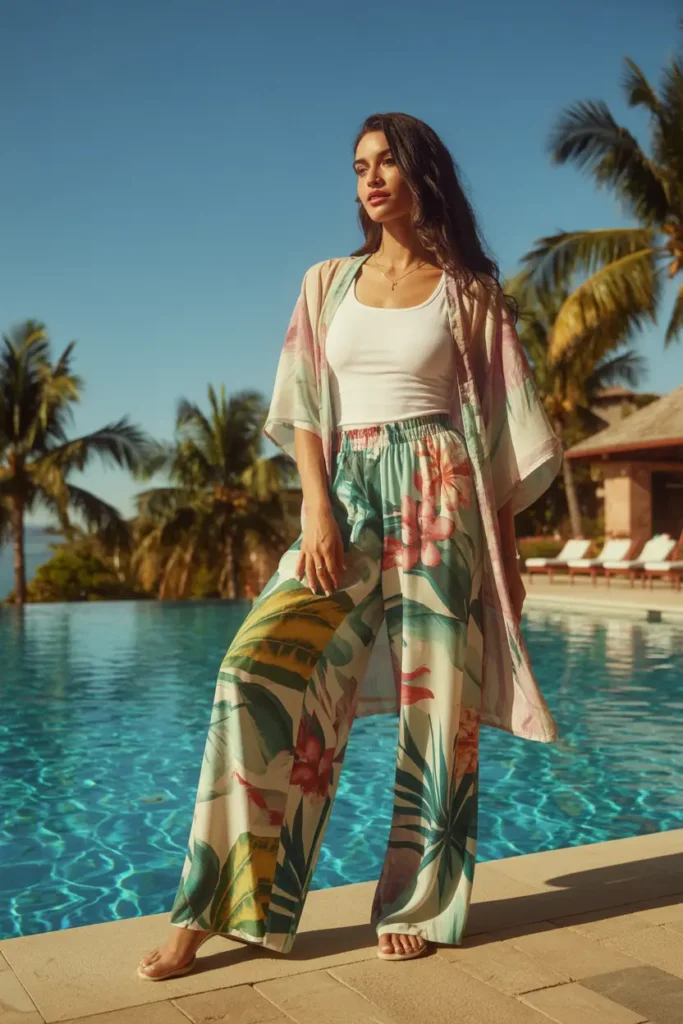 Casual and modest Dubai winter outfit ideas: woman walking through vibrant souk market wearing blue tiered midi dress, light beige scarf and crossbody bag