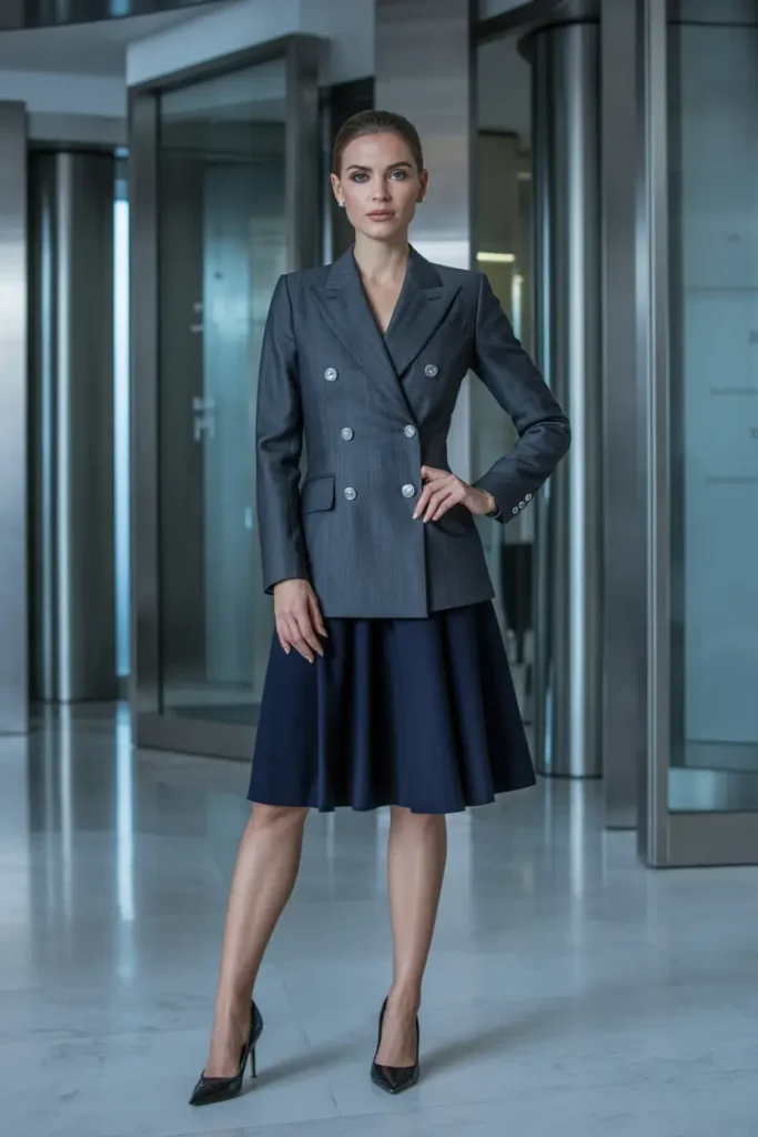 Confident professional woman in a tailored grey double-breasted blazer with silver buttons and navy flared knee-length skirt combination, paired with black heels in a modern office lobby – sophisticated blazer and skirt combinations for business formal wear