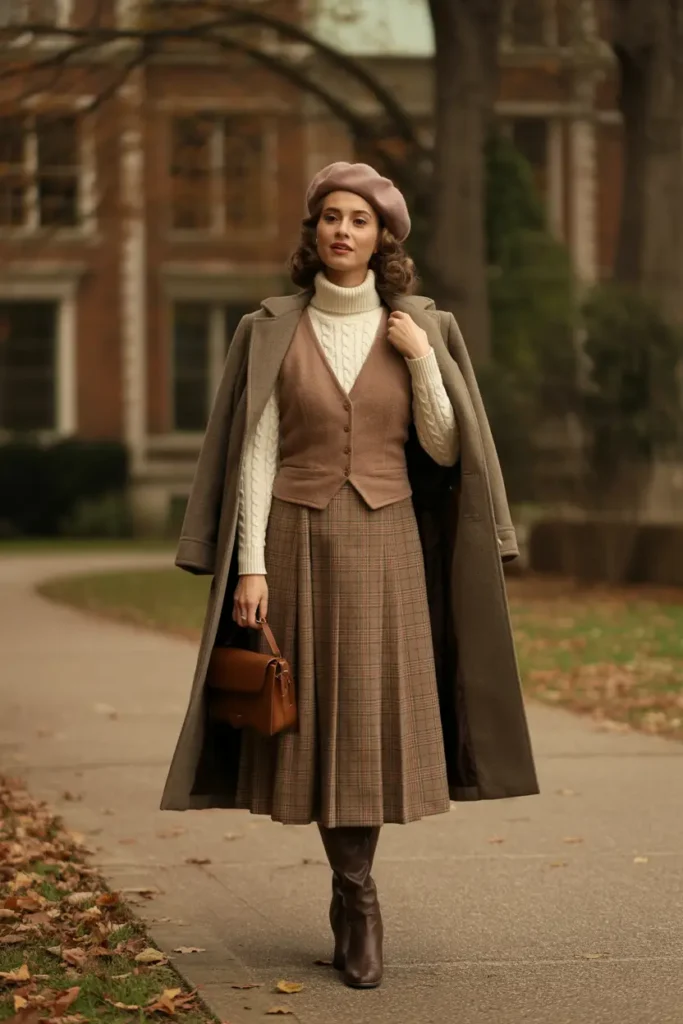 Woman in a refined dark academia winter outfit featuring a soft mauve beret, cream cable-knit turtleneck sweater, tailored brown wool vest, pleated plaid midi skirt, long neutral wool overcoat, brown knee-high boots, and a classic brown leather handbag on a tree-lined campus path with autumn leaves