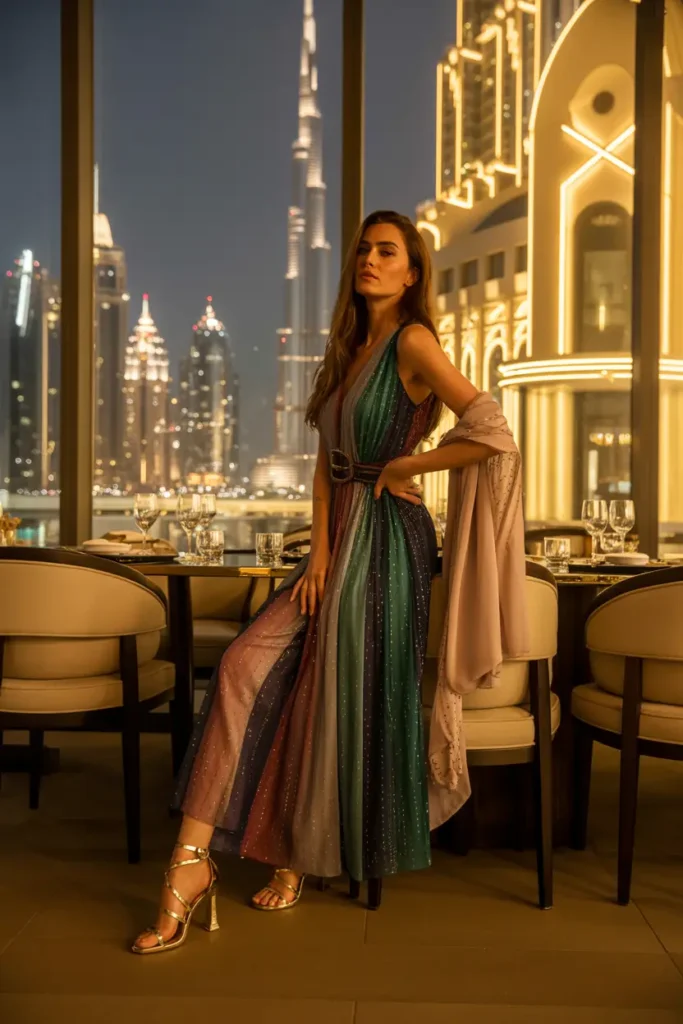 Elegant Dubai winter outfit ideas for nights out: woman in shimmering multicolored sequin maxi dress with belt and gold heels standing in luxury restaurant overlooking Burj Khalifa at night