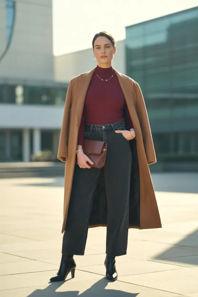 Dark academia outfit idea for winter: woman in camel wool coat over burgundy turtleneck, black high-waisted jeans, and heeled ankle boots