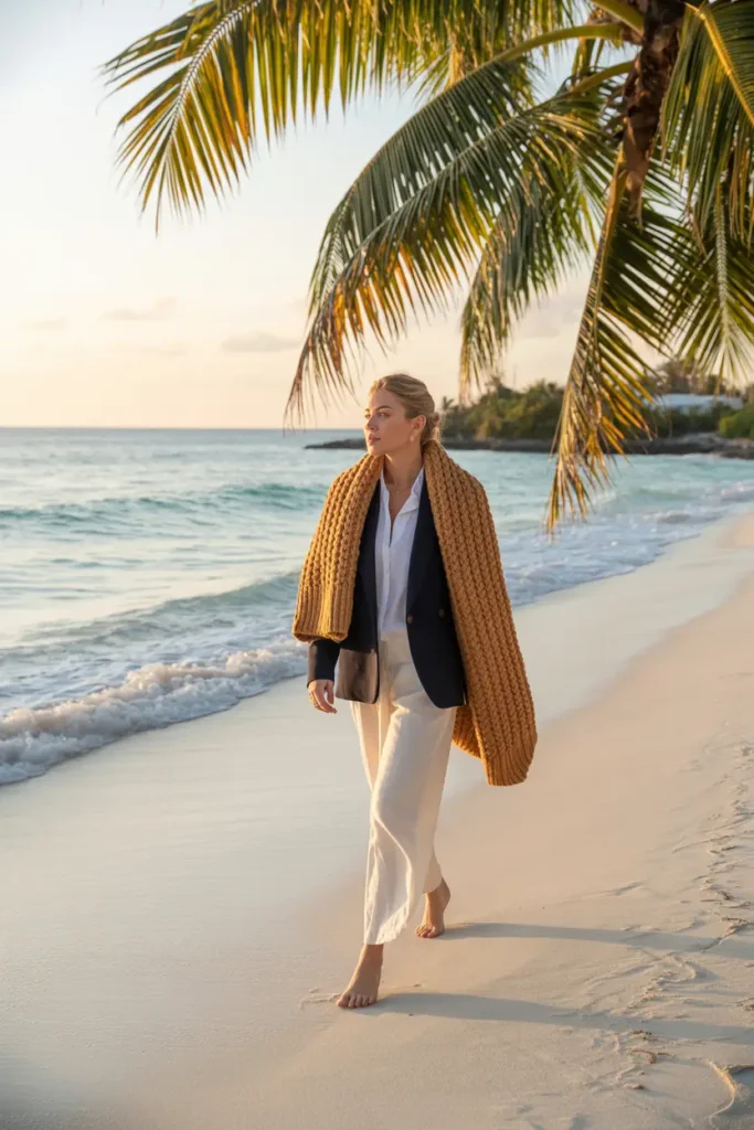 A woman walks barefoot on a white sandy beach during golden hour, wearing loose white trousers, a navy blazer, and a chunky mustard-colored knit blanket draped over her shoulders, framed by palm leaves.