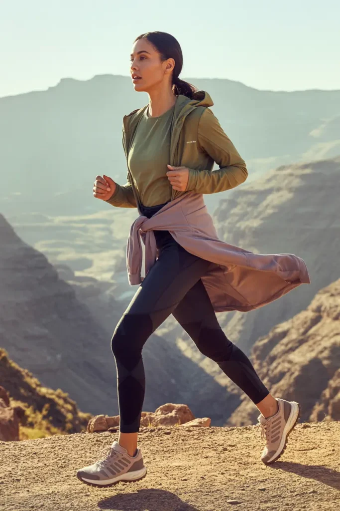 Sporty Dubai winter outfit ideas for outdoor adventures: woman in olive green hoodie, black patterned leggings and running shoes jogging on desert mountain trail during sunny winter day
