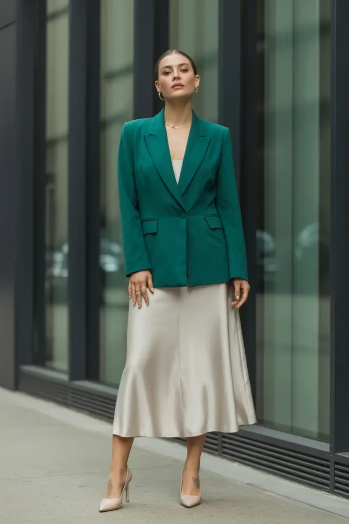 Professional woman wearing a sharp teal blazer and flowing champagne satin midi skirt combination, styled with nude heels in front of a modern office building – sophisticated blazer and skirt combinations for elevated workwear