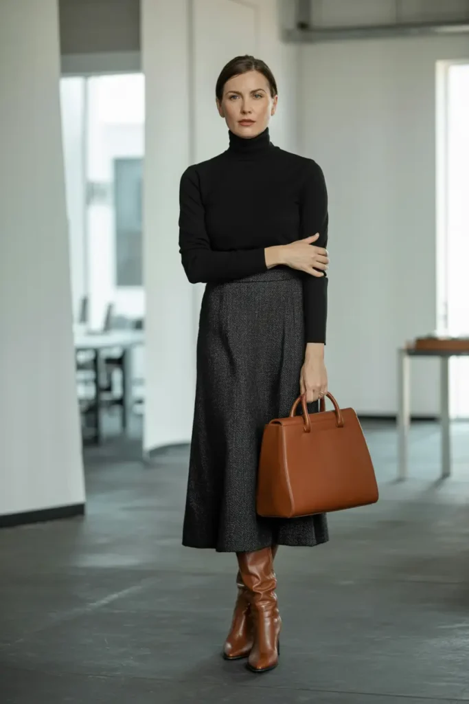 Full-length fashion portrait of a woman modeling a classic office outfit, wearing a fitted black turtleneck and a textured charcoal grey midi skirt, accessorized with cognac brown knee-high boots and a matching large leather tote bag, standing in a modern workspace.