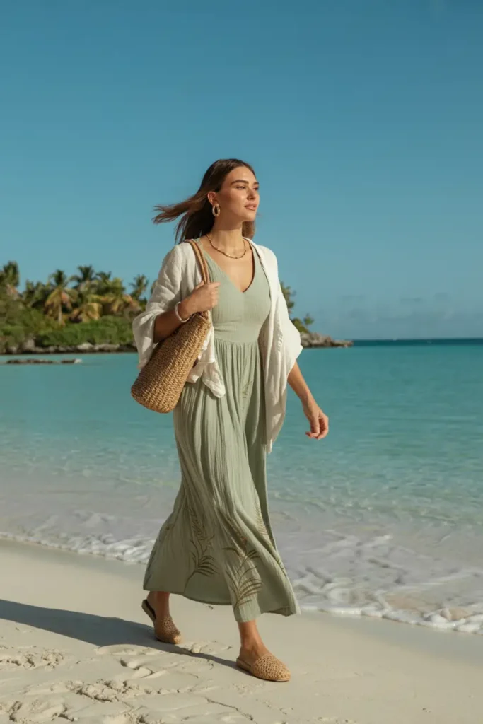 Elegant beach outfit featuring a sage green summer maxi dress, woven accessories, and a straw shoulder bag worn for a tropical beach stroll.