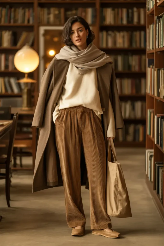 Dark academia outfit idea for winter: woman in library wearing taupe wool coat, oversized gray scarf, cream sweater, and brown corduroy pants