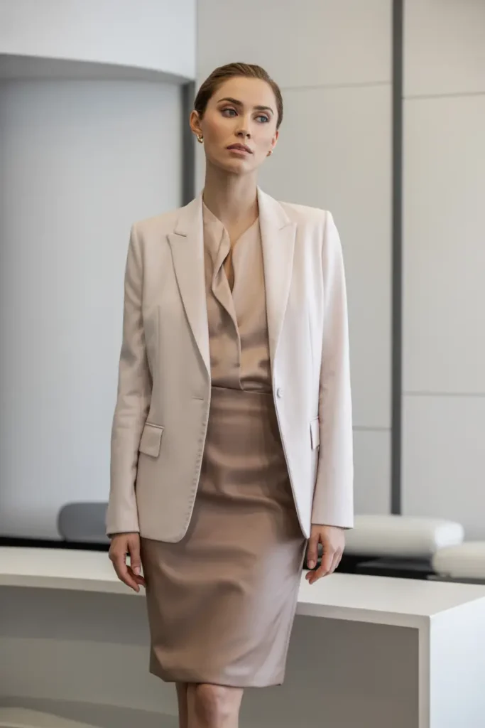 Professional woman in a tailored light beige blazer and matching satin pencil skirt combination with draped silk blouse in a modern office – refined monochromatic blazer and skirt combinations for sophisticated business wardrobe