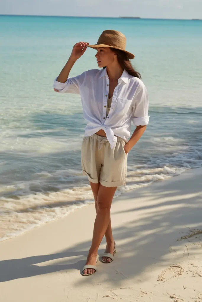 Casualwinter beach outfit in bahamas featuring a tied white shirt, linen shorts, flat sandals, and a straw fedora hat perfect for a vacation stroll.