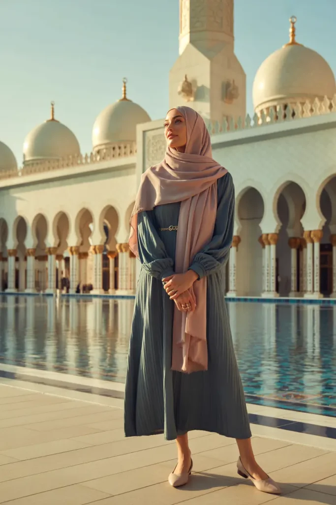 Beautiful modest Dubai winter outfit ideas: woman wearing long pleated teal dress, soft pink hijab and scarf posing gracefully in front of Sheikh Zayed Grand Mosque during golden hour