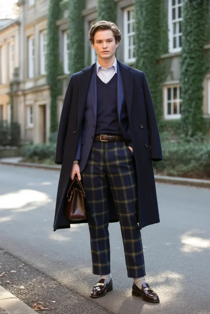 Dark academia outfit idea for winter: man in navy wool overcoat, sweater vest over white shirt, plaid trousers, loafers, and leather satchel against ivy-covered building