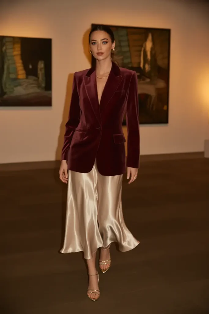 Woman in a deep burgundy velvet blazer and flowing champagne silk midi skirt combination, styled with gold strappy heels in an art gallery setting – elegant velvet blazer and skirt combinations for sophisticated formal and evening wear