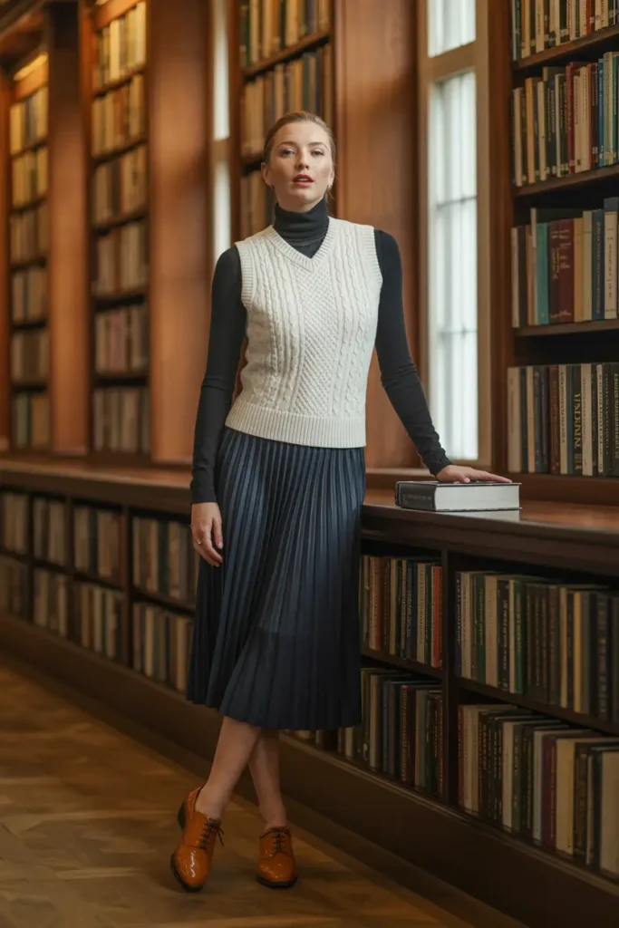 Full-length fashion portrait of a woman modeling a preppy 'dark academia' outfit in a library, wearing a cream cable-knit sweater vest over a black turtleneck, a dark pleated midi skirt, and glossy amber oxford shoes