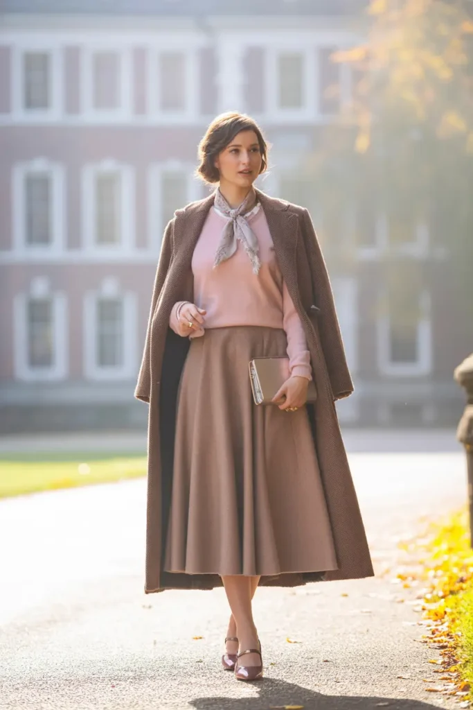 Dark academia outfit idea for winter: woman in brown herringbone wool coat, pink sweater with neck scarf, beige midi skirt, and mary jane heels outside historic building