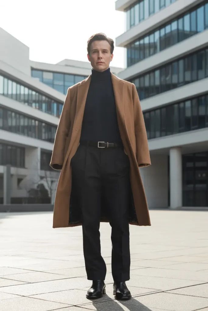 Dark academia outfit idea for winter: man in camel wool overcoat over black turtleneck, black tailored trousers, belt, and dress shoes against modern building