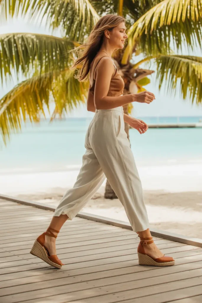 Stylish resort wear outfit featuring cropped white linen trousers and brown ankle-strap wedge sandals, worn by a woman walking on a tropical deck